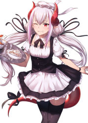 Rule 34 | 1girl, ;), alternate costume, alternate hairstyle, apron, black bow, black bowtie, black skirt, black thighhighs, black vest, blush, bow, bowtie, cake, commentary request, cowboy shot, cup, dragon girl, dragon horns, dragon tail, enmaided, fang, fang out, food, food on face, fork, hair between eyes, hat, holding, holding tray, horns, ibuki notsu, long hair, looking at viewer, low twintails, maid, maid apron, melusine (ibuki notsu), miniskirt, mob cap, one eye closed, original, parted lips, petticoat, plate, pointy ears, puffy short sleeves, puffy sleeves, red eyes, shirt, short sleeves, sidelocks, silver hair, simple background, skirt, skirt set, smile, solo, standing, tail, tail bow, tail ornament, teacup, thighhighs, thighs, tray, twintails, very long hair, vest, waist apron, white apron, white background, white hat, white shirt, wristband