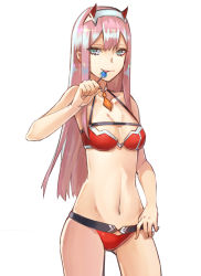 Rule 34 | 10s, 1girl, :p, absurdres, akatsuki suzumi, bikini, breasts, candy, cleavage, closed mouth, collarbone, cowboy shot, darling in the franxx, detached collar, food, gluteal fold, hairband, highres, holding, holding food, horns, lollipop, long hair, looking at viewer, medium breasts, navel, red bikini, sidelocks, simple background, smile, solo, standing, stomach, straight hair, swimsuit, tongue, tongue out, tsurime, very long hair, white background, white hairband, zero two (darling in the franxx)