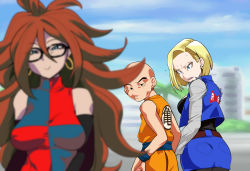 Rule 34 | 1boy, 2girls, android 18, android 21, annoyed, arm warmers, ass, bald, bare shoulders, belt, big hair, blonde hair, blue eyes, blue vest, blurry, breasts, brown belt, brown hair, cropped jacket, curly hair, depth of field, detached sleeves, distracted boyfriend (meme), dougi, dragon ball, dragon ball fighterz, dragonball z, dress, earrings, glasses, guido (sucurapu), highres, hip focus, hoop earrings, husband and wife, jealous, jewelry, kuririn, long hair, looking back, martial arts belt, meme, multicolored clothes, multicolored dress, multiple girls, o3o, pantyhose, parody, skirt, striped, striped sleeves, sweatdrop, torn clothes, torn sleeves, vest, wristband