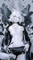 Rule 34 | 1girl, absurdres, animal ears, arknights, bandeau, black jacket, black nails, black shorts, breasts, choker, collarbone, commentary request, cowboy shot, cracked skin, fang, fingerless gloves, gloves, grey eyes, hair between eyes, hair ornament, hairclip, highres, jacket, lappland (arknights), long hair, looking at viewer, mahousho, material growth, midriff, nail polish, navel, open clothes, open jacket, oripathy lesion (arknights), parted lips, scar, scar across eye, scar on face, short shorts, shorts, silver hair, solo, standing, stomach, strapless, sword, tube top, weapon, wolf ears