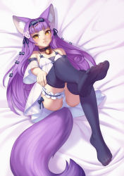 Rule 34 | 1girl, adjusting clothes, adjusting legwear, animal ears, ass, bell, black thighhighs, blunt bangs, borrowed character, bow, bridal garter, collar, commission, cristalavi, dress, fox ears, fox girl, fox tail, full body, hair bow, hairband, highres, jingle bell, long hair, looking at viewer, lying, neck bell, on back, original, panties, pout, purple hair, short eyebrows, solo, spaghetti strap, tail, thighhighs, underwear, very long hair, white dress, white panties, yellow eyes