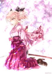 Rule 34 | 1girl, ahoge, black ribbon, blonde hair, fate/grand order, fate (series), from side, full body, hair ribbon, hakama, hakama skirt, highres, holding, holding sword, holding weapon, japanese clothes, kneeling, koha-ace, okita souji (fate), okita souji (koha-ace), ribbon, sato-pon, skirt, solo, sword, weapon, yellow eyes