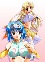 Rule 34 | 2girls, :d, ahoge, asuka keisuke, back, blonde hair, blue hair, bracelet, breasts, brooch, brown eyes, garter straps, hair ornament, hair ribbon, hairband, impossible clothes, impossible shirt, jewelry, large breasts, long hair, looking back, lunar wing, midriff, multiple girls, no bra, open mouth, patti (lunar wing), pink eyes, pleated skirt, red eyes, ribbon, shadow, shirt, shirufana, short hair, sideboob, simple background, skirt, smile, thighhighs, turtleneck, underboob, very long hair, white thighhighs, zettai ryouiki
