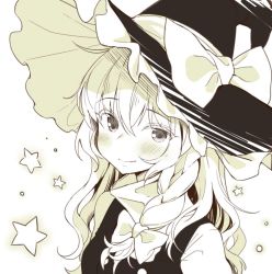 Rule 34 | 1girl, blush, bow, braid, closed mouth, fang, fang out, greyscale, hair between eyes, hair bow, hat, hat bow, kirisame marisa, long hair, looking at viewer, mirei, monochrome, side braid, single braid, smile, solo, star (symbol), touhou, upper body, white background, witch hat