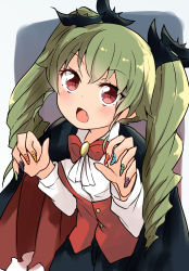 Rule 34 | 1girl, alternate costume, anchovy (girls und panzer), ascot, barashiya, bat hair ornament, black cape, black ribbon, blush, bow, bowtie, cape, claw pose, commentary request, dress shirt, drill hair, fang, fingernails, girls und panzer, green hair, hair ornament, hair ribbon, halloween costume, highres, leaning forward, long fingernails, long hair, long sleeves, looking at viewer, multicolored nails, nail polish, open mouth, red eyes, red neckwear, red vest, ribbon, shirt, solo, standing, twin drills, twintails, vampire costume, vest, white neckwear, white shirt