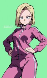 Rule 34 | 1girl, android 18, blonde hair, blue eyes, closed mouth, commentary, cowboy shot, dragon ball, earrings, green background, hand on own hip, highres, instagram username, jewelry, komatsuki n, long sleeves, looking at viewer, pink track suit, short hair, simple background, single earring, solo, track suit, twitter username, zipper