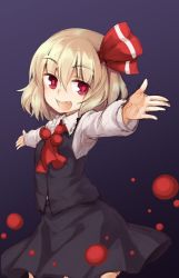 Rule 34 | 1girl, :d, arms at sides, ascot, black skirt, blonde hair, bow, cowboy shot, dark background, fang, hair between eyes, hair bow, highres, long sleeves, looking at viewer, oborofu, open mouth, outstretched arms, red bow, red eyes, rumia, shirt, short hair, skirt, skirt set, sleeveless, smile, solo, touhou, white shirt