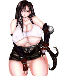 Rule 34 | 1990s (style), 1girl, akatsuki giken, bare shoulders, bottomless, breasts, brown hair, cleavage, curvy, earrings, elbow gloves, female pubic hair, final fantasy, final fantasy vii, gloves, hip focus, huge breasts, jewelry, long hair, ponytail, pubic hair, pussy, see-through, skirt, solo, square enix, suspenders, sweat, thighs, tifa lockhart, uncensored, underboob, wide hips