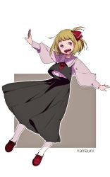 Rule 34 | 1girl, alternate eye color, artist name, ascot, black skirt, black vest, blonde hair, blush, brown background, commentary request, frilled shirt collar, frills, hair ribbon, highres, jpeg artifacts, long sleeves, looking at viewer, namauni, open mouth, outline, outstretched arms, pink eyes, pink pupils, red footwear, ribbon, rumia, shirt, short hair, skirt, skirt set, slit pupils, smile, solo, touhou, two-tone background, vest, white background, white legwear, white shirt