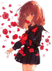 Rule 34 | 1girl, anemone (flower), black serafuku, black skirt, blush, brown eyes, brown hair, commentary, cowboy shot, crying, crying with eyes open, flower, gauze, hand up, holding, holding flower, long sleeves, neckerchief, original, petals, pleated skirt, red flower, red neckerchief, school uniform, serafuku, skirt, solo, tears, yasiromann