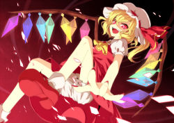 Rule 34 | 1girl, bad id, bad pixiv id, blonde hair, bloomers, female focus, flandre scarlet, foreshortening, hat, mary janes, nail polish, oota minoru, red eyes, red nails, shoes, side ponytail, solo, touhou, underwear, wings