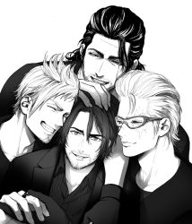 Rule 34 | 4boys, beard, facial hair, final fantasy, final fantasy xv, gladiolus amicitia, glasses, goatee, greyscale, ignis scientia, looking at viewer, male focus, monochrome, multiple boys, noctis lucis caelum, aged up, one eye closed, prompto argentum, scar, setsu-st, smile, spoilers