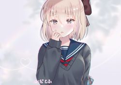 Rule 34 | 1girl, blue sailor collar, blue shirt, blush, bow, box, breasts, brown bow, brown hair, commentary request, fate/grand order, fate (series), gift, gift box, grey eyes, grey sweater, hair between eyes, hair bow, hakuda tofu, hand up, heart, koha-ace, long sleeves, okita souji (fate), okita souji (koha-ace), parted lips, red neckwear, sailor collar, school uniform, serafuku, shirt, sleeves past wrists, small breasts, solo, sweater, translation request, upper body