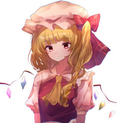 Rule 34 | 1girl, ascot, blonde hair, blush, bow, breasts, brown ascot, closed mouth, collared shirt, crystal, flandre scarlet, frills, hat, hat bow, highres, jewelry, looking down, mob cap, moshihimechan, multicolored wings, one side up, pink hat, pink shirt, puffy short sleeves, puffy sleeves, red bow, red eyes, red vest, shirt, short hair, short sleeves, simple background, small breasts, solo, touhou, upper body, vest, white background, wings