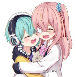 Rule 34 | 1boy, 1girl, age difference, blush, bow, bowtie, child, eyepatch, closed eyes, happy, headphones, heart, hood, hug, jacket, nei (os), one side up, open mouth, original, os (os fresa), scrunchie, simple background, source request, souta (os), twitter username, white background