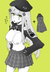 Rule 34 | 1girl, beret, blush, breasts, commentary request, cowboy shot, facial mark, girls&#039; frontline, gloves, green background, green eyes, greyscale with colored background, hair ornament, hand on own hip, hat, hk416 (girls&#039; frontline), large breasts, long hair, long sleeves, looking at viewer, monochrome, nakiusagi, navel, nipples, open mouth, pleated skirt, shrug (clothing), simple background, skirt, solo, spot color, sweatdrop, teardrop, translation request