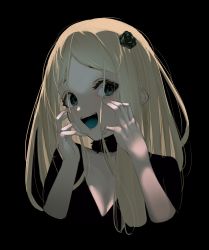 Rule 34 | 1girl, :d, black background, black dress, black flower, black rose, blending, blonde hair, blue eyes, blue tongue, colored tongue, commentary request, crazy eyes, dress, flower, hair flower, hair ornament, hands up, highres, long hair, looking at viewer, open mouth, overlord (maruyama), renner theiere chardelon ryle vaiself, rose, simple background, smile, solo, spoilers, tachibana shiori (suica 112), v-neck, wide-eyed, yandere trance