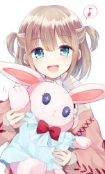 Rule 34 | 1girl, animal ears, blush, doll, grey hair, highres, holding, holding doll, idolmaster, idolmaster shiny colors, looking at viewer, mani (manidrawings), musical note, round teeth, serizawa asahi, simple background, smile, solo, spoken musical note, stuffed animal, stuffed rabbit, stuffed toy, teeth, two side up, upper body, waving, white background