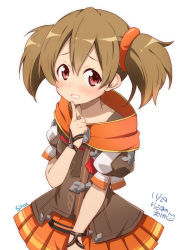 Rule 34 | 10s, 1girl, blush, brown hair, character name, commentary request, dated, dress, finger to mouth, long hair, pleated skirt, puffy short sleeves, puffy sleeves, ragho no erika, red eyes, ribbon, short sleeves, short twintails, signature, silica, simple background, skirt, smile, solo, sword art online, twintails, white background, wrist ribbon