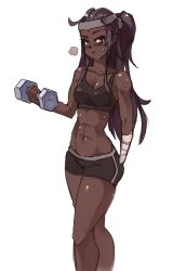 Rule 34 | &gt;:t, 10s, 1girl, :t, abs, alternate hairstyle, amputee, bandages, bike shorts, black hair, blush, breasts, brown eyes, cleavage, dark-skinned female, dark skin, dumbbell, exercising, flexing, headband, katawa shoujo, long hair, looking at viewer, miura miki, muscular, muscular female, navel, ponytail, pout, rtil, simple background, solo, sports bra, sweat, toned, v-shaped eyebrows, white background