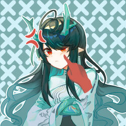 Rule 34 | 1girl, 1other, ahoge, alternate costume, anger vein, arknights, blue background, blue hair, blue horns, blue kimono, blush, colored skin, crossed arms, disembodied hand, dot nose, dragon girl, dragon horns, dragon tail, dusk (arknights), ear blush, earrings, frown, gradient skin, green horns, green skin, hair intakes, highres, horns, japanese clothes, jewelry, kimono, long hair, multicolored hair, naphele yun, patterned background, pointy ears, poking, red eyes, streaked hair, tail, tassel, tassel earrings, turtleneck, upper body