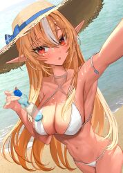 Rule 34 | 1girl, absurdres, armlet, bare shoulders, beach, bikini, blue bow, blush, bottle, bow, breasts, choker, cleavage, collarbone, cowboy shot, criss-cross halter, dark-skinned female, dark skin, expressionless, fingernails, groin, halterneck, hat, hat bow, highres, holding, holding bottle, hololive, large breasts, large ears, long hair, looking at viewer, multicolored hair, navel, ocean, open mouth, orange eyes, orange hair, pointy ears, reaching, reaching towards viewer, rum raisin (chihiromakita19), sand, selfie, shiranui flare, solo, standing, stomach, straw hat, streaked hair, string bikini, swimsuit, thighs, virtual youtuber, water, water bottle, white bikini