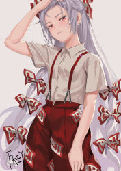 Rule 34 | 1girl, arm up, artist name, blush, bow, chinese commentary, commentary request, cowboy shot, fkey, forehead, fujiwara no mokou, grey background, hair bow, highres, long hair, looking at viewer, ofuda, pants, red eyes, red pants, shirt, short sleeves, signature, silver hair, simple background, solo, standing, suspenders, touhou, very long hair, white bow, white shirt, wing collar