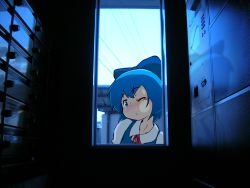 Rule 34 | 1girl, against glass, blue eyes, blue hair, blueberry (5959), blush, bow, cheek squash, cirno, hair bow, matching hair/eyes, photo background, ribbon, solo, touhou, wince, wink