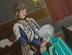 Rule 34 | 10s, 2boys, blush, brown hair, erection, fellatio, hand on head, male focus, mikleo (tales), multiple boys, oral, penis, redflash, silver hair, sorey (tales), tales of (series), tales of zestiria, testicles, uncensored, yaoi
