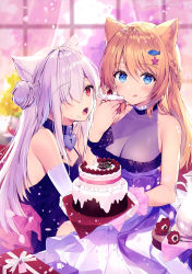 Rule 34 | 2girls, :q, absurdres, animal ears, arm warmers, bare shoulders, black dress, blonde hair, blue eyes, blurry, box, braid, breasts, cake, cat ears, cleavage, collar, depth of field, dress, flower, food, gift, gift box, hair bun, hair ornament, hair over one eye, halterneck, heart-shaped lock, highres, long hair, looking at viewer, medium breasts, multiple girls, necomi, open mouth, original, pitcher (container), purple dress, red eyes, red flower, rose, scan, silver hair, single hair bun, sleeveless, sleeveless dress, small breasts, tongue, tongue out