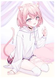 Rule 34 | 1girl, :d, absurdres, animal ears, black collar, braid, cat ears, cat girl, cat tail, collar, commission, crown braid, fang, frilled skirt, frills, full body, haruru (vtuber), highres, hood, hood down, hoodie, indie virtual youtuber, koyubita, long sleeves, looking at viewer, miniskirt, open mouth, paw pendant, pink eyes, pink hair, red skirt, second-party source, short hair, sitting, skeb commission, skin fang, skirt, sleeves past wrists, smile, tail, thighhighs, wariza, white hoodie, white thighhighs