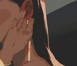 Rule 34 | 1girl, black hair, blush, body blush, bracelet, close-up, commentary, dangle earrings, ear blush, earrings, english commentary, from side, gold earrings, hand blush, jewelry, long hair, original, out of frame, simple background, solo, upper body, xi zhang