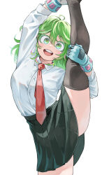 Rule 34 | 1girl, :d, absurdres, arm up, black skirt, black thighhighs, blue gloves, boku no hero academia, commentary request, fengling (furin-jp), gloves, green eyes, green hair, grey thighhighs, hagakure tooru, hand up, highres, leg up, long hair, looking at viewer, miniskirt, necktie, open mouth, pleated skirt, red necktie, simple background, skirt, smile, solo, split, standing, standing on one leg, standing split, teeth, thighhighs, upper teeth only, white background