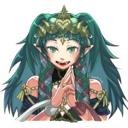 Rule 34 | 1girl, artist name, braid, fangs, fire emblem, fire emblem: three houses, green eyes, green hair, highres, long hair, matching hair/eyes, multicolored hair, nintendo, open mouth, own hands together, pointy ears, solo, sothis (fire emblem), soyuki511, tiara, transparent background, twin braids, upper body