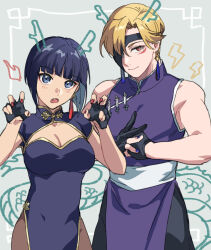 Rule 34 | 1boy, 1girl, bare arms, black gloves, black pants, blonde hair, blue dress, blue eyes, blue hair, blue nails, blunt bangs, breasts, brown pantyhose, china dress, chinese clothes, claw pose, cleavage, cleavage cutout, clothing cutout, dress, fang, gloves, grey background, highres, latla mirah, looking at viewer, mask, medium breasts, nail polish, open mouth, pants, pantyhose, red eyes, red nails, rip (undead unluck), short hair, single glove, sleeveless, soso (sosoming), standing, undead unluck