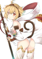 Rule 34 | 10s, 1girl, absurdres, andira (granblue fantasy), animal ears, ass, bare shoulders, blonde hair, breasts, detached sleeves, erune, from behind, granblue fantasy, hair between eyes, hair ornament, highres, looking at viewer, monkey ears, monkey tail, open mouth, red eyes, shibakame, shibakame (917narto8537), short hair, sideboob, simple background, small breasts, solo, staff, standing, tail, thighhighs, thighs, white thighhighs, wide sleeves