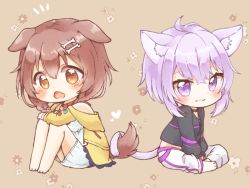 Rule 34 | 2girls, :3, ahoge, animal ear fluff, animal ears, bare shoulders, barefoot, blush, bone hair ornament, braid, braided tail, brown eyes, brown hair, cat ears, cat tail, chibi, choker, dog ears, dog girl, dog tail, fang, floral print, hair ornament, hairclip, heart, hololive, inugami korone, inugami korone (1st costume), long sleeves, looking at viewer, multiple girls, nekomata okayu, nekomata okayu (1st costume), pants, purple eyes, purple hair, single bare shoulder, sitting, skin fang, souffle sable, tail, twin braids, virtual youtuber