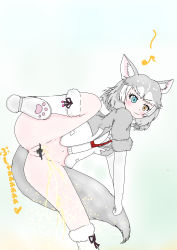 Rule 34 | 1girl, :3, absurdres, animal ears, blue background, blue eyes, blush, boots, bottomless, breasts, brown eyes, censored, dog (mixed breed) (kemono friends), dog ears, dog girl, dog tail, fur-trimmed boots, fur-trimmed jacket, fur trim, gloves, grey hair, grey jacket, heterochromia, highres, hinoto (pixiv48761170), jacket, kemono friends, knee boots, leg up, looking at viewer, medium breasts, multicolored hair, musical note, navel, open clothes, open jacket, paw print soles, peeing, pussy, shirt, short hair, short sleeves, smile, standing, standing on one leg, tail, two-tone hair, white footwear, white gloves, white hair, white shirt