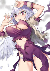 Rule 34 | 1girl, absurdres, breasts, dress, feathered wings, gunnjou yosio, highres, kishin sagume, large breasts, open mouth, panties, purple dress, red eyes, single wing, smoke, solo, tearing up, teeth, torn clothes, touhou, underwear, upper teeth only, white hair, white panties, wings