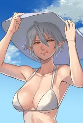 Rule 34 | 1girl, :q, ahoge, alternate hair length, alternate hairstyle, armpits, bare arms, bare shoulders, black sclera, blue sky, breasts, closed mouth, cloud, colored sclera, day, hair between eyes, hands on headwear, hat, large breasts, licking lips, lilim (monster girl encyclopedia), looking at viewer, mari (maritan), maritan (pixelmaritan), monster girl encyclopedia, original, outdoors, pointy ears, red eyes, silver hair, sky, slit pupils, smile, solo, sun hat, tongue, tongue out, upper body, white hat