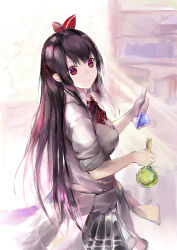 Rule 34 | 1girl, absurdres, azur lane, black hair, black skirt, bow, breasts, closed mouth, clothes around waist, collared shirt, commentary, flask, hair between eyes, hair ribbon, hanagin, highres, holding, long hair, looking at viewer, looking to the side, medium breasts, pleated skirt, red bow, red eyes, red ribbon, ribbon, round-bottom flask, school uniform, shirt, short sleeves, sidelocks, skirt, sleeves rolled up, smile, solo, striped, striped bow, u-73 (azur lane), u-73 (science rules!) (azur lane), very long hair, white shirt
