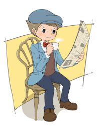 Rule 34 | 1boy, black eyes, blue hat, blue jacket, blue pants, bow, bowtie, brown footwear, brown hair, cabbie hat, closed mouth, collared shirt, commentary request, cup, full body, hat, highres, holding, holding cup, holding newspaper, jacket, kiwami (kiwamimuneko), long sleeves, luke triton, male focus, newspaper, on chair, pants, professor layton, reading, red bow, red bowtie, shirt, shoes, short hair, sitting, smile, solo, steam, white shirt, wooden chair