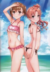 Rule 34 | 2girls, absurdres, arm up, ass, bikini, blue sky, blush, breasts, brown eyes, brown hair, closed mouth, cloud, cloudy sky, frilled bikini, frills, hair ornament, hand on own chest, highres, isshi pyuma, looking at viewer, misaka mikoto, multiple girls, navel, ocean, ponytail, side ponytail, sky, small breasts, smile, stomach, swimsuit, thighs, toaru kagaku no railgun, toaru majutsu no index, water