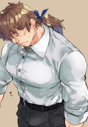 Rule 34 | 1boy, bara, belt, black belt, brown background, brown hair, buttons, closed eyes, closed mouth, collared shirt, facial hair, fate/grand order, fate (series), goatee, grey pants, hector (fate), highres, imoda, large pectorals, male focus, mature male, pants, pectorals, ponytail, shirt, simple background, solo, sweatdrop, translation request, white shirt