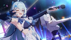 Rule 34 | 2girls, ahoge, arm up, armpits, bare shoulders, blue eyes, blue hair, blue nails, blue sleeves, breasts, chinese commentary, closed mouth, concert, detached sleeves, fingerless gloves, gloves, hare (honkai impact), highres, holding, holding microphone, honkai (series), honkai impact 3rd, idol, large breasts, light blue hair, logo, long hair, long sleeves, microphone, multicolored hair, multiple girls, nail polish, official alternate costume, official art, official wallpaper, one eye closed, open hand, open mouth, outstretched arms, ribbon, shigure kira, shirt, streaked hair, upper body, white hair, white shirt, white sleeves