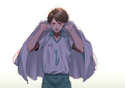 Rule 34 | 1boy, brown hair, collarbone, eyelashes, green pants, haikyuu!!, holding, holding jacket, holding unworn clothes, jacket, kurosujuu, looking at viewer, male focus, oikawa tooru (haikyuu!!), pants, parted lips, shirt, short hair, simple background, solo, sportswear, volleyball uniform, white background, white shirt