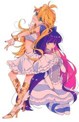 Rule 34 | 2girls, ahoge, armlet, blonde hair, blue eyes, blue hair, blunt bangs, bow, bridal gauntlets, choker, colored inner hair, commentary request, dress, earrings, elbow gloves, finger to mouth, frilled dress, frills, gladiator sandals, gloves, gold footwear, hair bow, high heels, highres, jewelry, kneeling, lace, lace choker, lolita fashion, long hair, looking at viewer, midriff, multicolored hair, multiple girls, navel, panty &amp; stocking with garterbelt, panty (psg), pink hair, rumic 0620, sandals, siblings, sisters, smile, stocking (psg), striped clothes, striped thighhighs, thighhighs, two-tone hair, white gloves, winged footwear