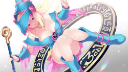 Rule 34 | 1girl, bare shoulders, blonde hair, blue eyes, blue footwear, blush, blush stickers, boots, breasts, cait aron, choker, cleavage, dark magician girl, duel monster, green eyes, hat, highres, huge breasts, large breasts, long hair, looking at viewer, magic circle, open mouth, paid reward available, pentacle, sitting, smile, solo, staff, wand, wizard hat, yu-gi-oh!