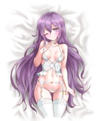 Rule 34 | 1girl, artoise, blush, breasts, character request, choker, closed mouth, commentary, english commentary, gj-bu, highres, lingerie, long hair, looking at viewer, navel, one eye closed, panties, purple eyes, purple hair, smile, solo, sumeragi shion, underwear