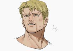Rule 34 | 1boy, blonde hair, cropped shoulders, crying, crying with eyes open, facial hair, goatee, highres, long sideburns, looking at viewer, male focus, portrait, reiner braun, shingeki no kyojin, short hair, sideburns, solo, tears, yellow eyes, zunkome